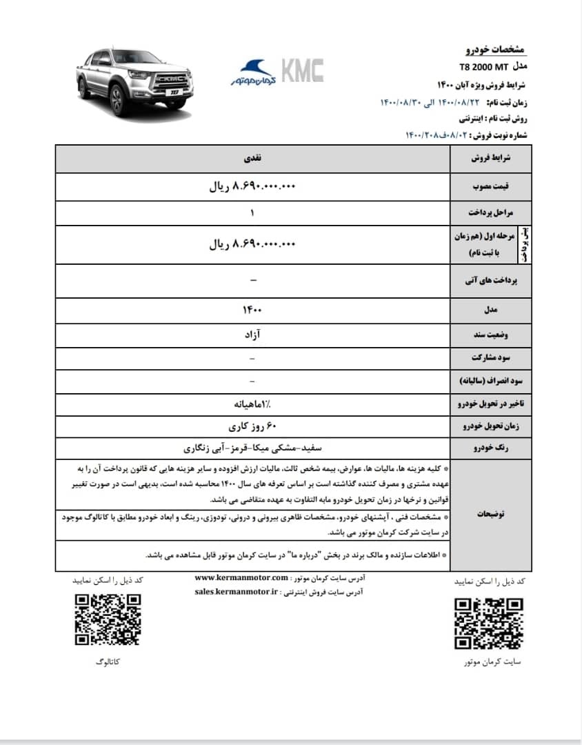 شرکت کرمان موتور تولید کننده محصولات برند جک در ایران، شرایط جدید فروش KMC T8 را اعلام کرد.