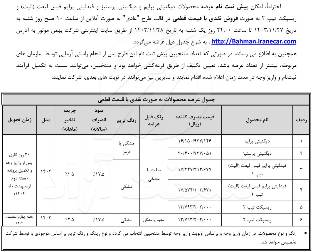 آغاز پیش ثبت نام خودروهای فیدلیتی، ریسپکت و دیگنیتی با قیمت قطعی