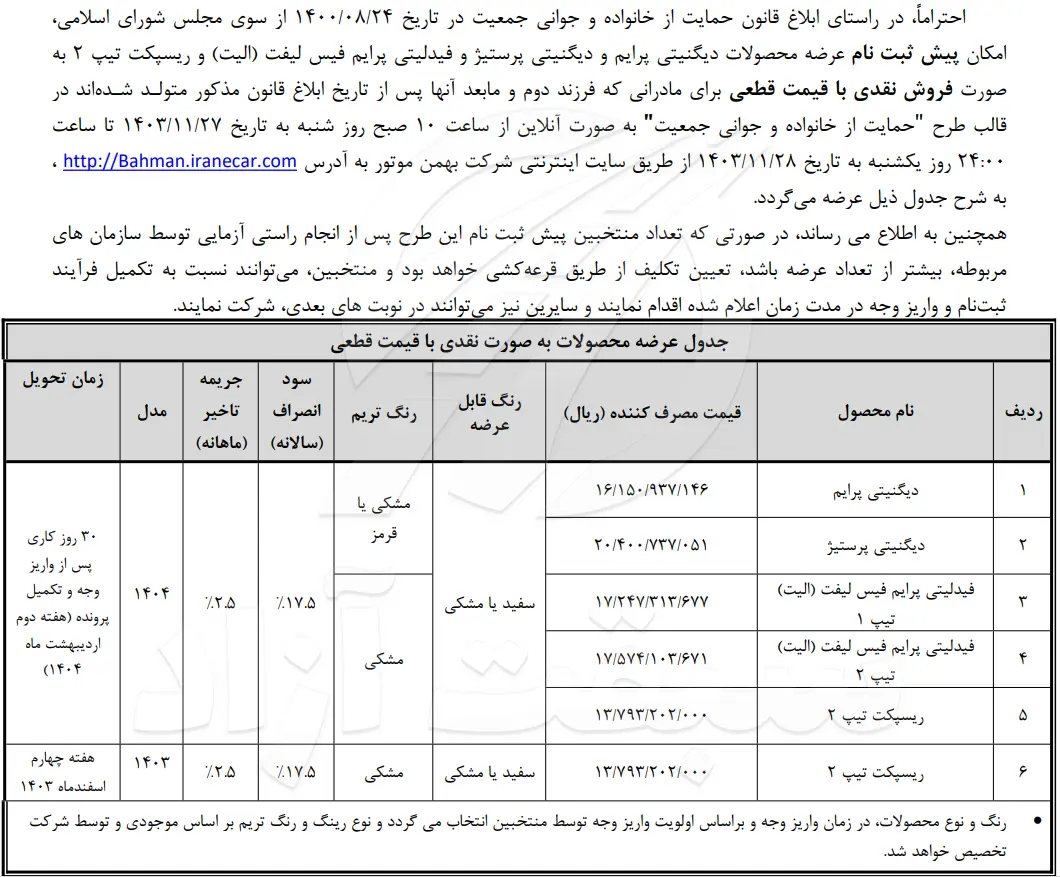 آغاز پیش ثبت نام خودروهای فیدلیتی، ریسپکت و دیگنیتی ویژه طرح جوانی جمعیت