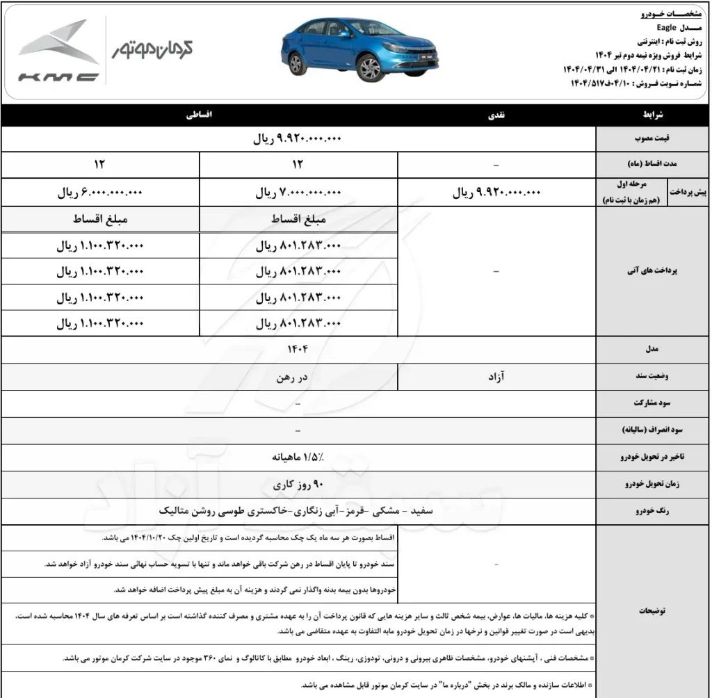 قیمت ایگل کرمان موتور و شرایط فروش 1404 2 قیمت ایگل کرمان موتور