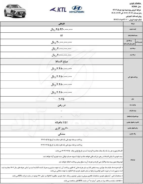 قیمت هیوندای کونا و شرایط فروش 1404 2 قیمت هیوندای کونا و شرایط فروش