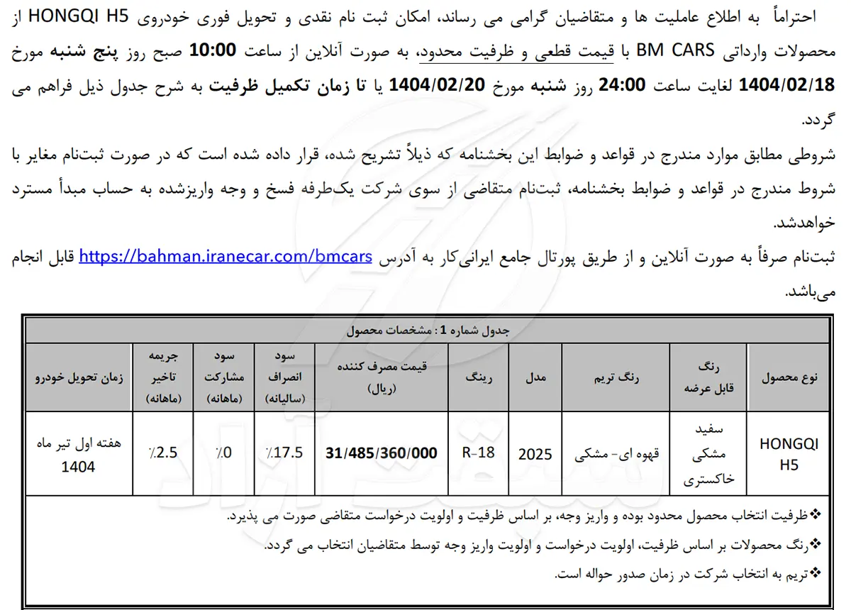 قیمت هونگچی H5 و شرایط فروش 1404