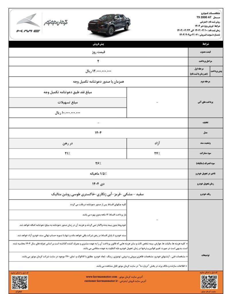 آغاز پیش فروش محصولات کرمان موتور با موعد تحویل دیماه ۱۴۰۴ 6 پیش فروش محصولات کرمان موتور kmc T9