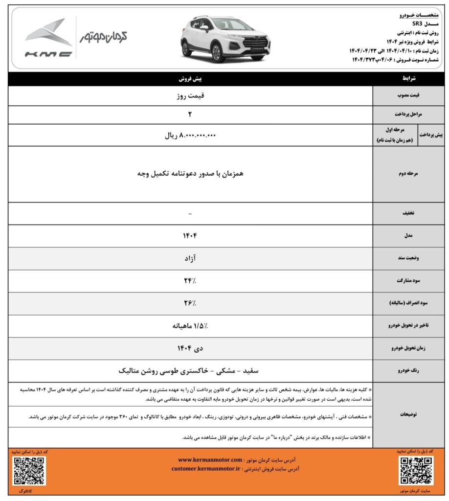قیمت KMC SR3 و شرایط فروش سال 1404 3 پیش فروش محصولات کرمان موتور KMC SR3