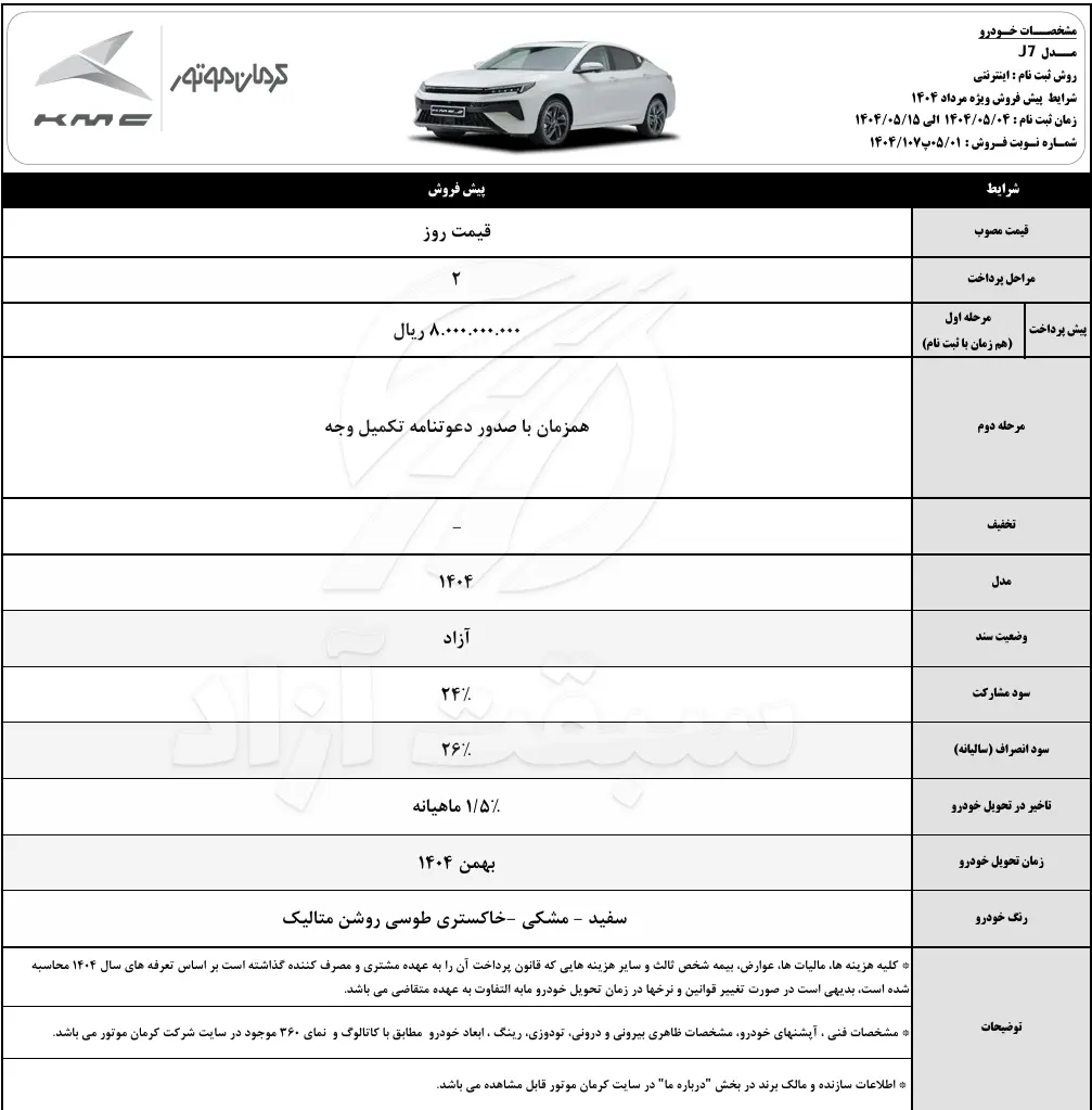 فروش نقد و اقساط KMC SR3 و پیشفروش محصولات کیامسی J7 و T9 3 شرایط پیشفروش KMC J7