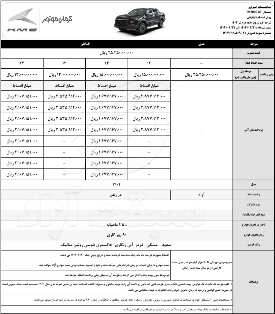 قیمت KMC T9 و شرایط فروش 1404