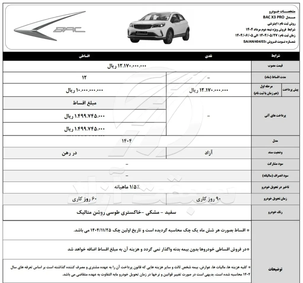 شرایط فروش BAC X3 Pro