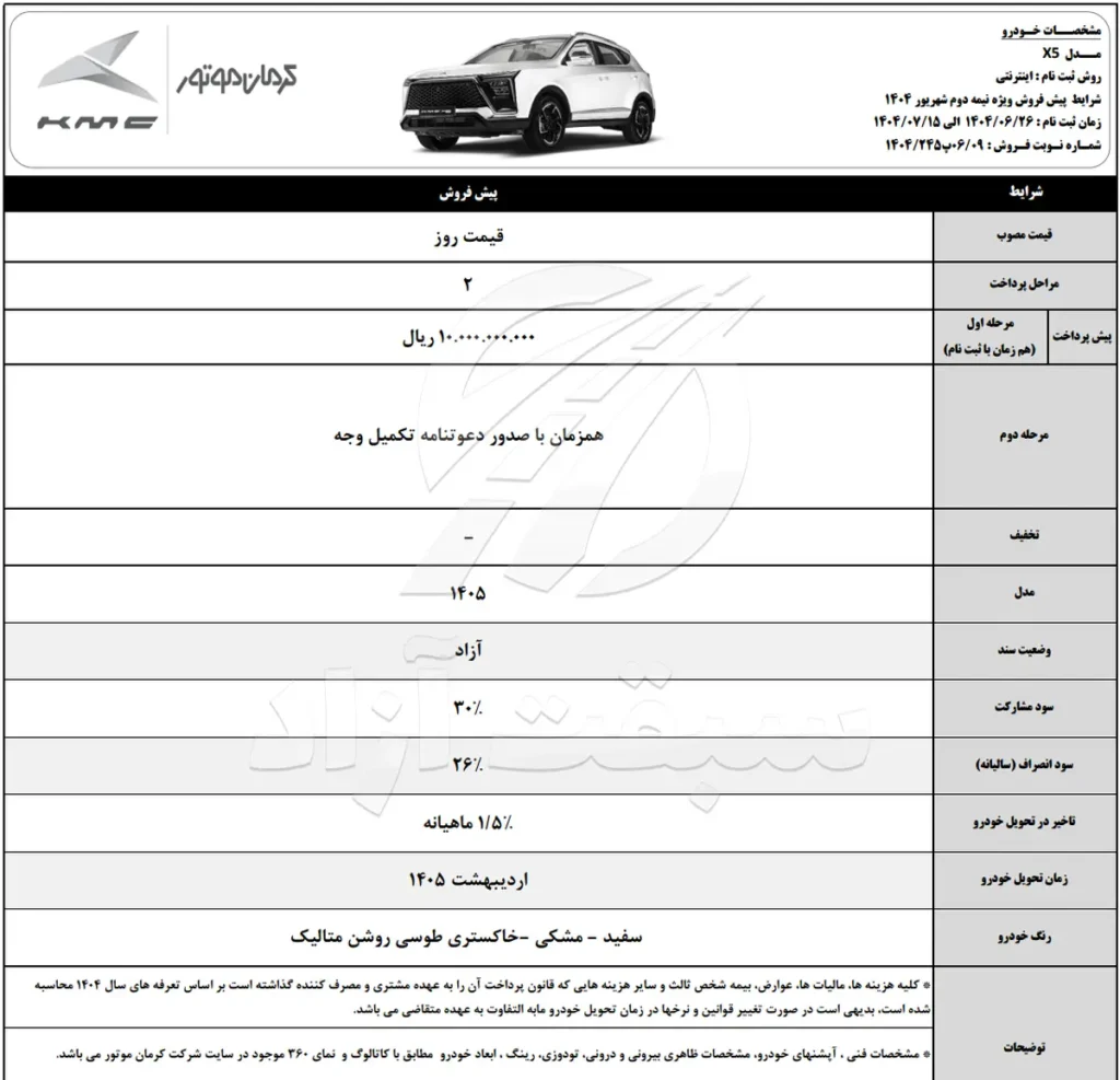 قیمت KMC X5 و شرایط فروش 1404