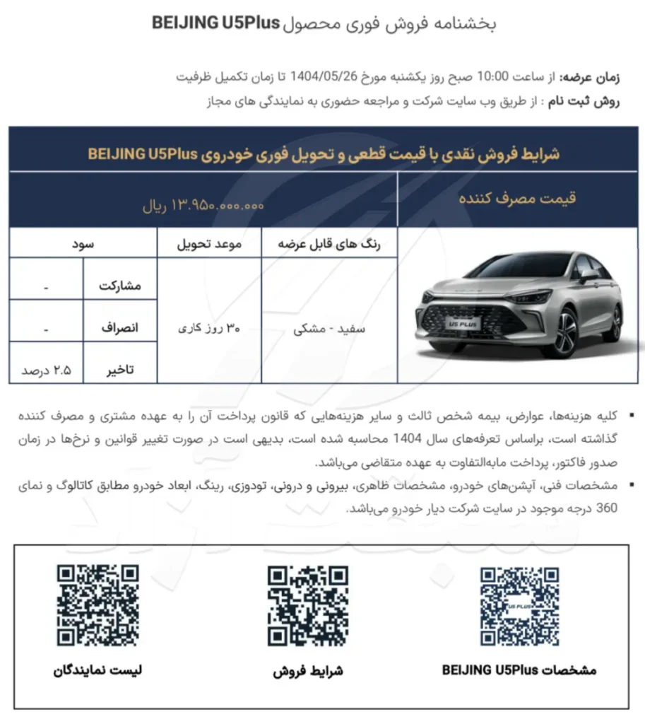 قیمت سابرینا U5 پلاس و شرایط فروش 1404