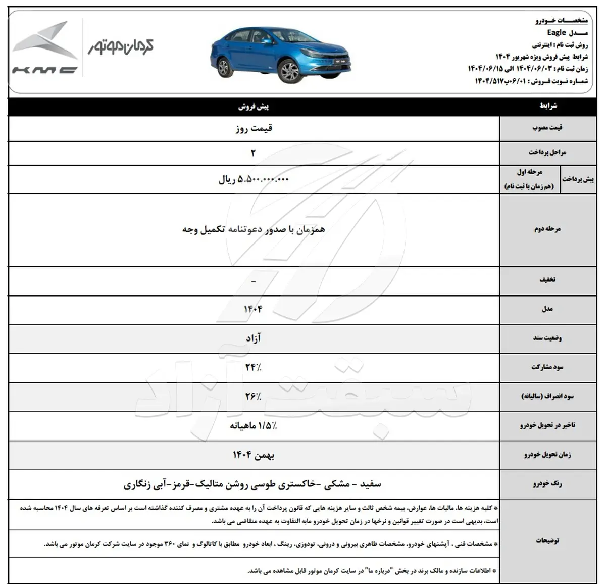 قیمت ایگل کرمان موتور و شرایط فروش 1404