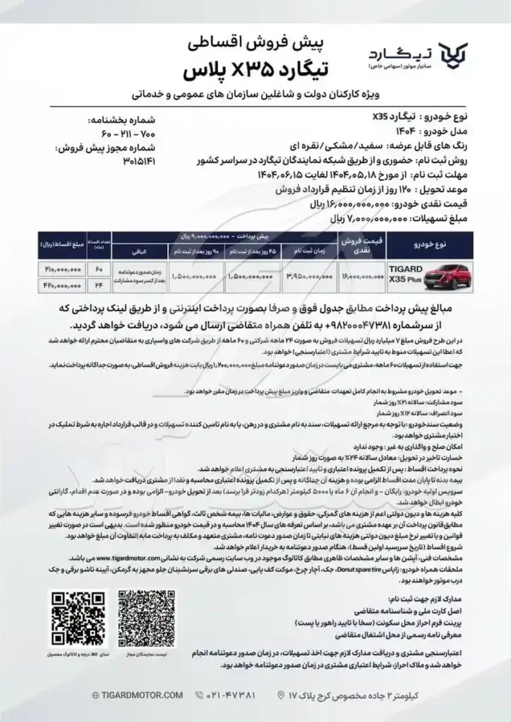 قیمت تیگارد X35 پلاس و شرایط فروش 1404 3 قیمت تیگارد X35 پلاس