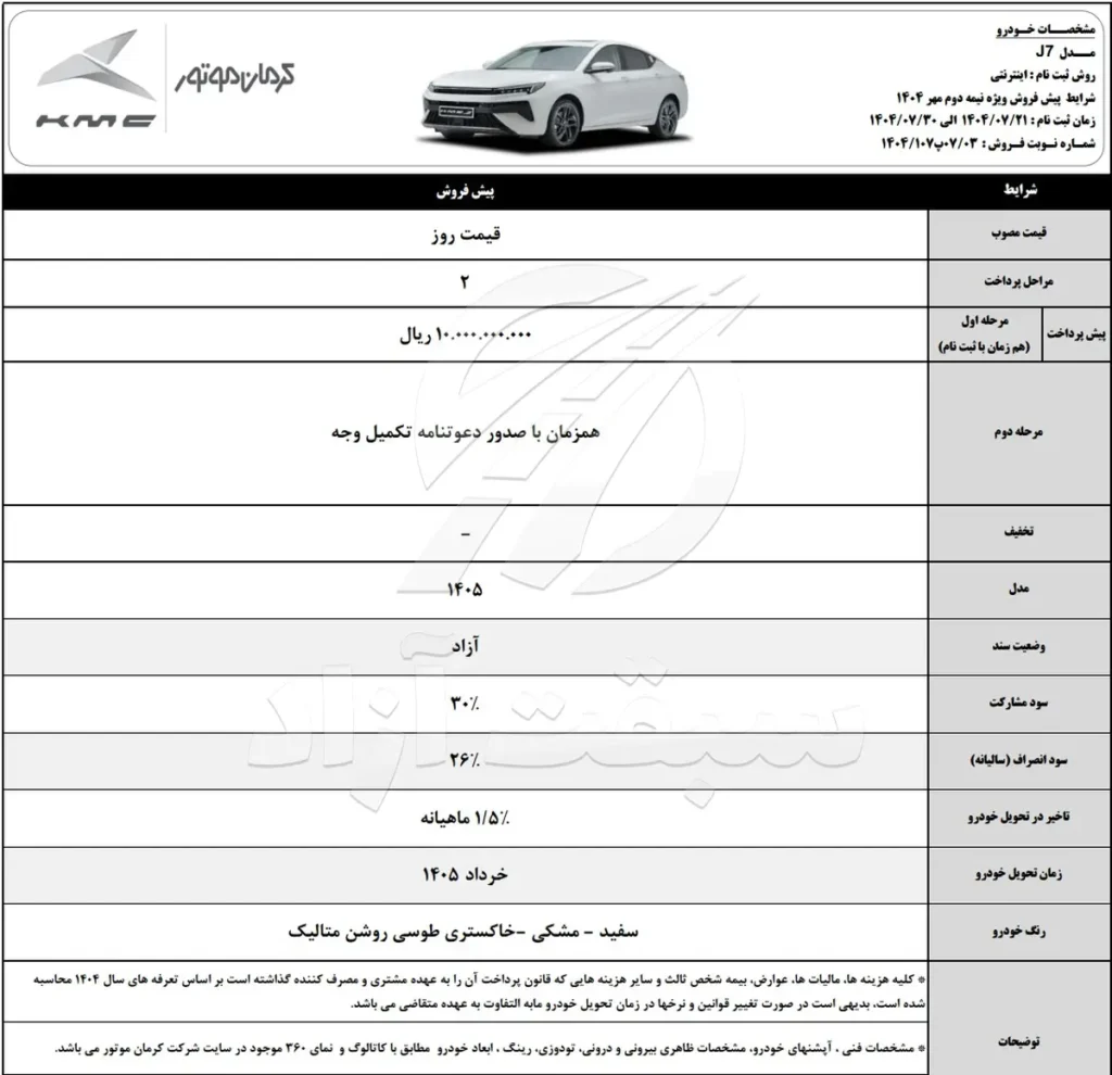 قیمت KMC J7 و شرایط فروش 1404