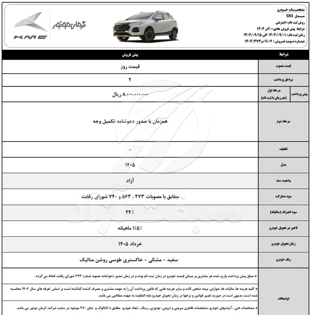 قیمت KMC SR3 و شرایط فروش سال 1404