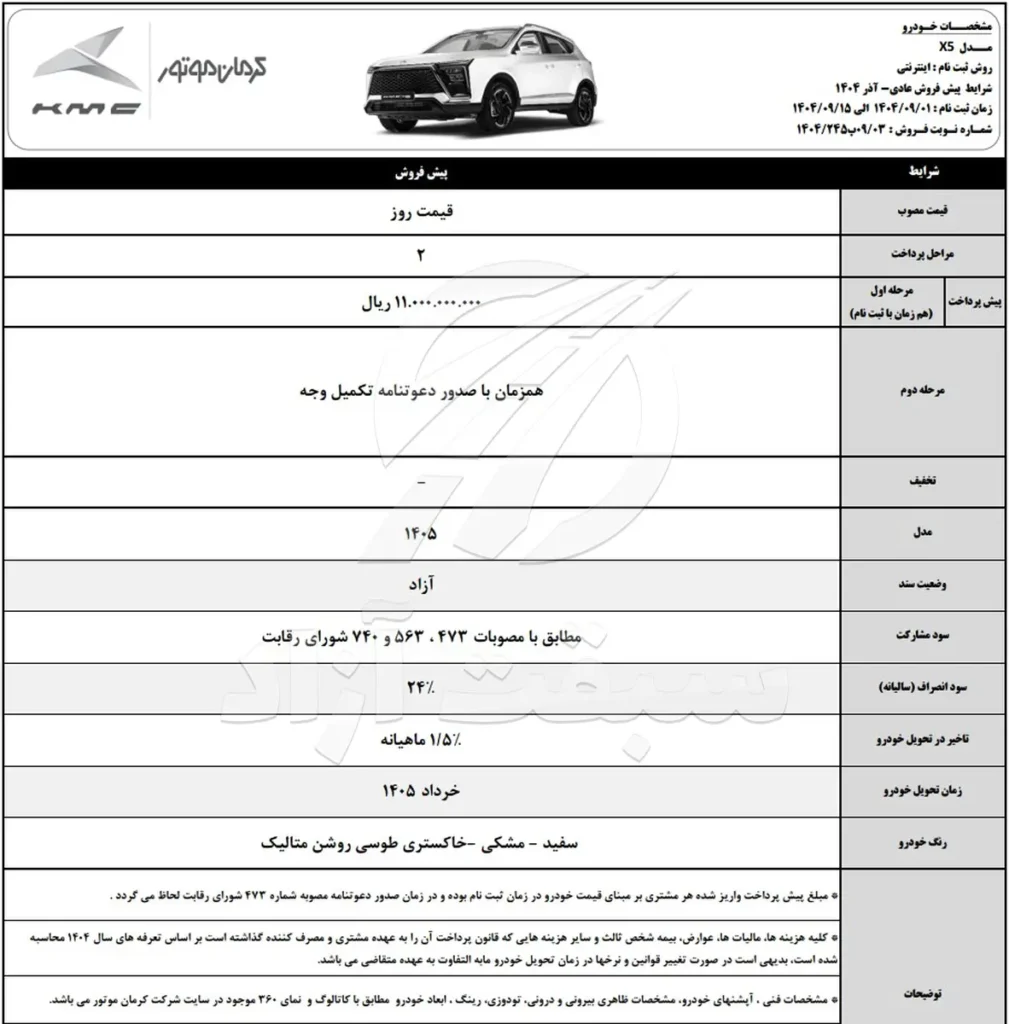 قیمت KMC X5 و شرایط فروش 1404