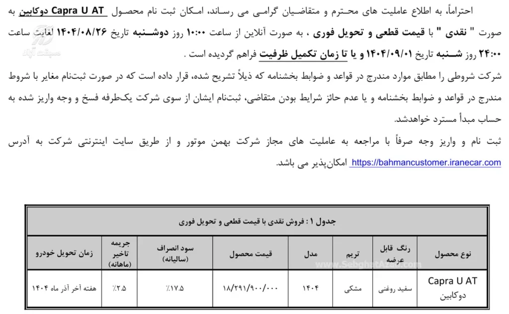 قیمت کاپرا U و شرایط فروش 1404