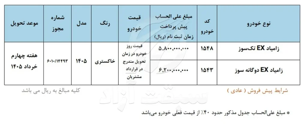 شرایط فروش وانت نیسان و قیمت زامیاد EX سال 1404