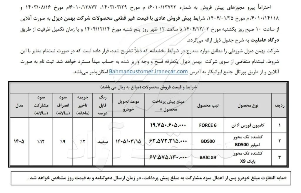 پیش فروش عادی 3 محصول بهمن‌دیزل با قیمت غیرقطعی