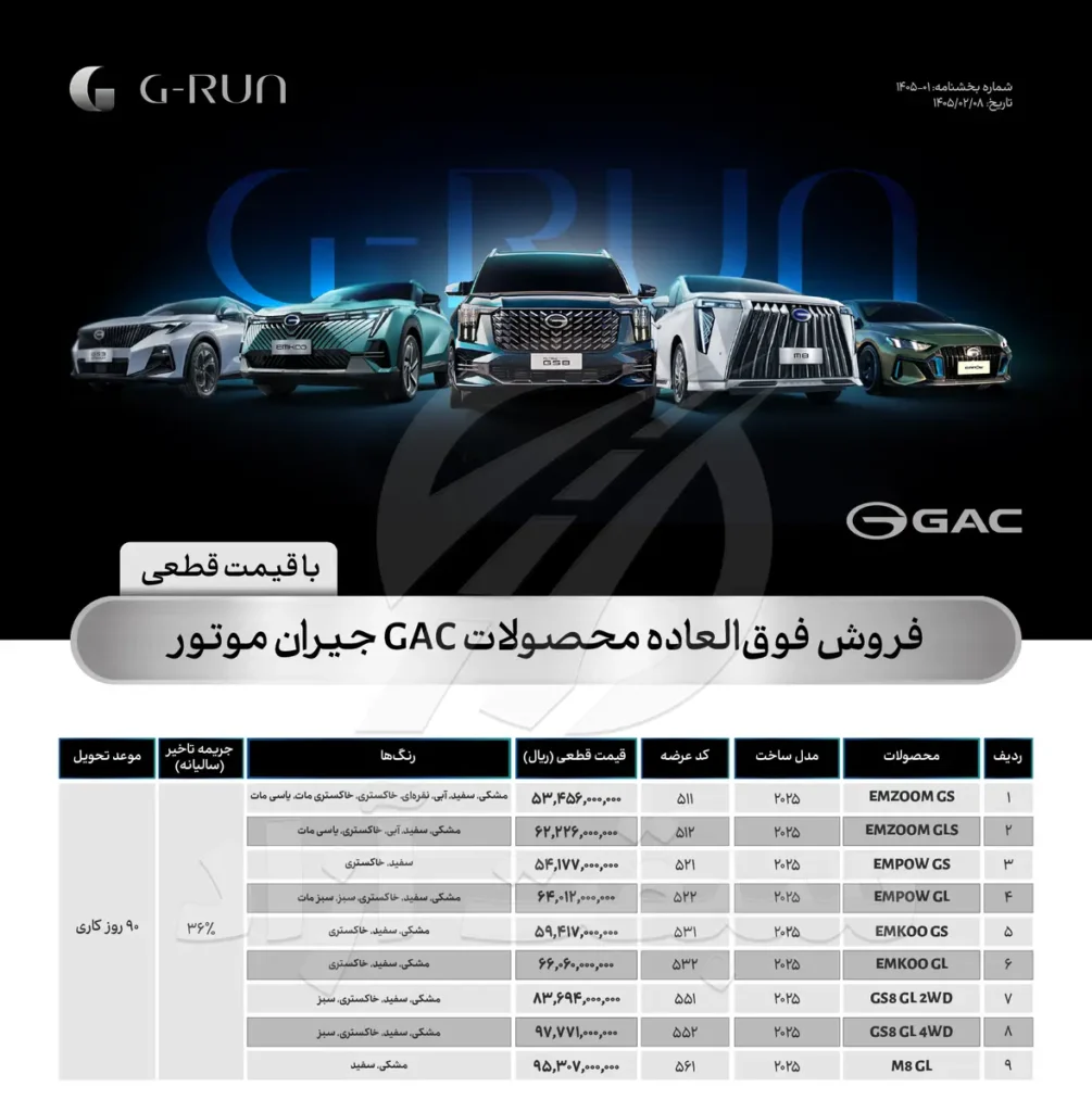 فروش فوق‌العاده محصولات GAC جیران موتور + لیست قیمت