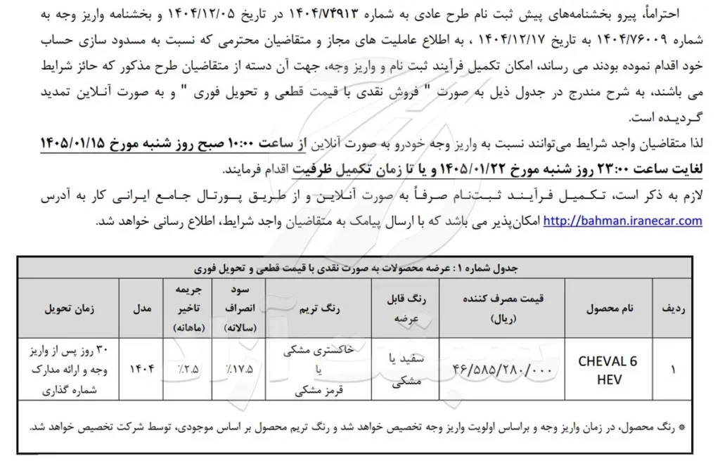 مهلت واریز وجه خریداران شوال HEV 6 تمدید شد