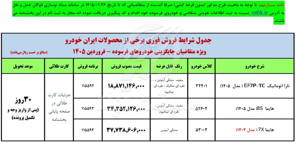 فروش فوری ایران خودرو فروردین 1405