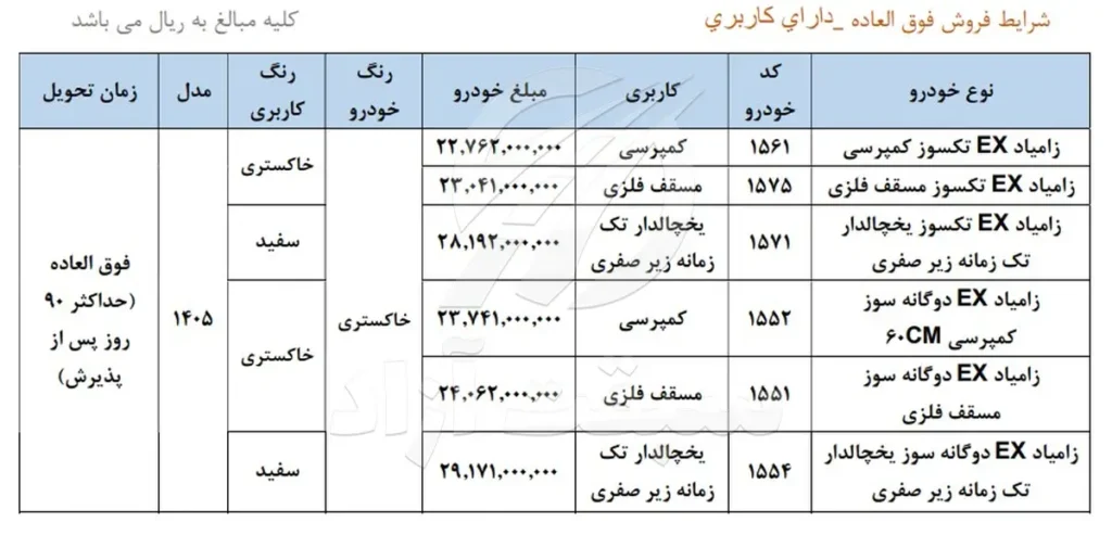شرایط فروش وانت نیسان و قیمت زامیاد EX 1405 + بخشنامه
