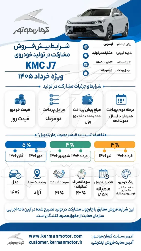 قیمت KMC J7 و شرایط فروش 1405
