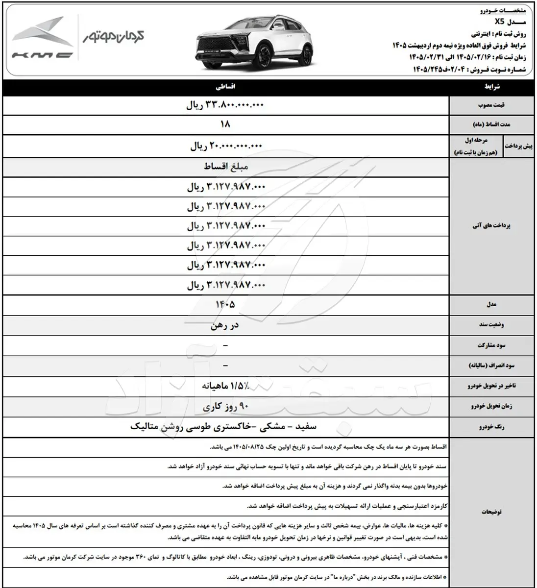 شرایط فروش کی ام سی x5 1405 کرمان موتور