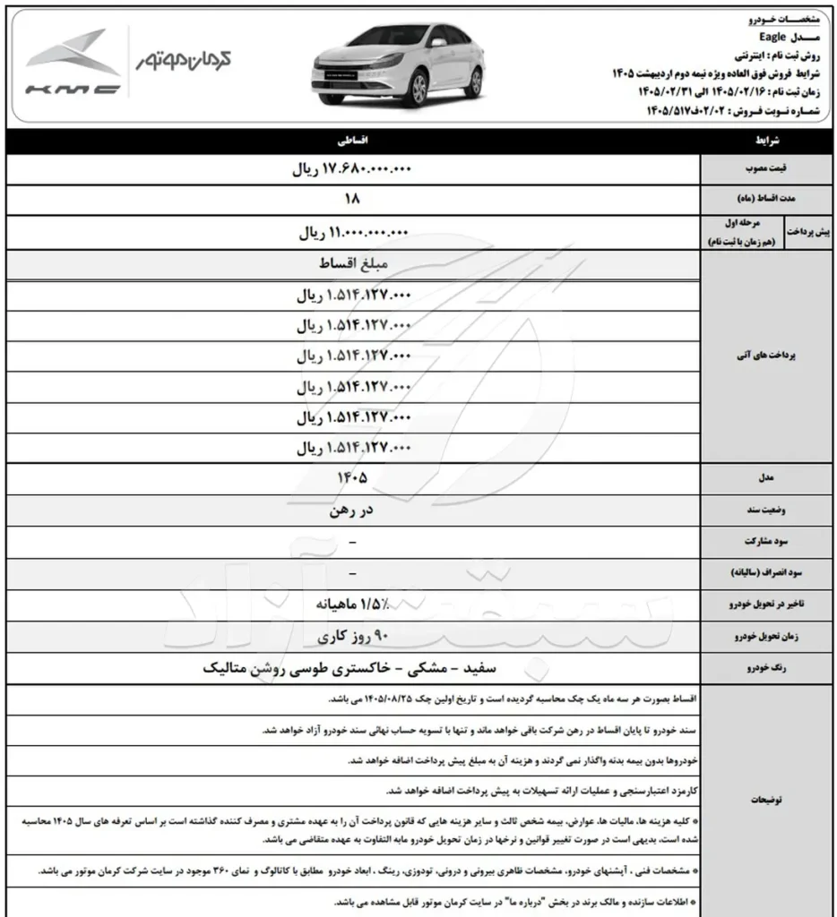 شرایط فروش ایگل 1405 کرمان خودرو