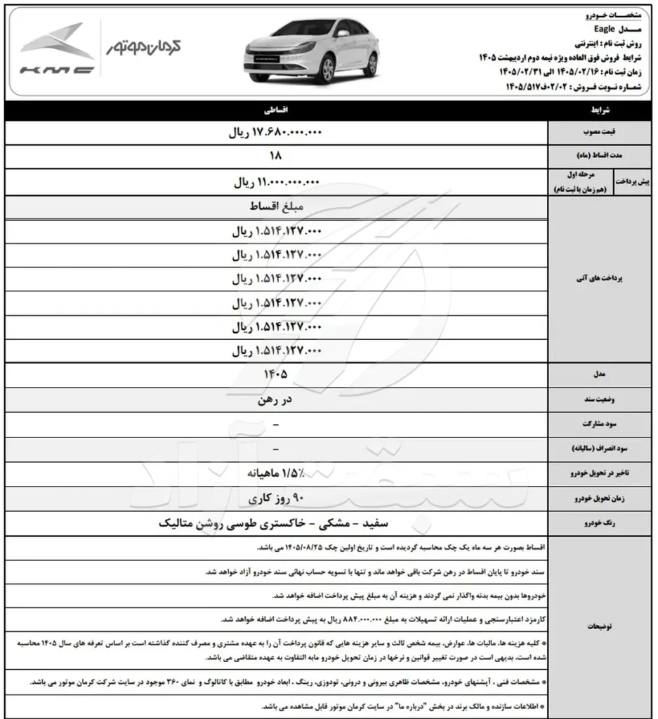 شرایط فروش ایگل 1405 کرمان خودرو