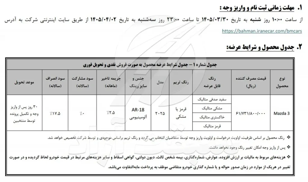 قیمت مزدا 3 و شرایط فروش 1405