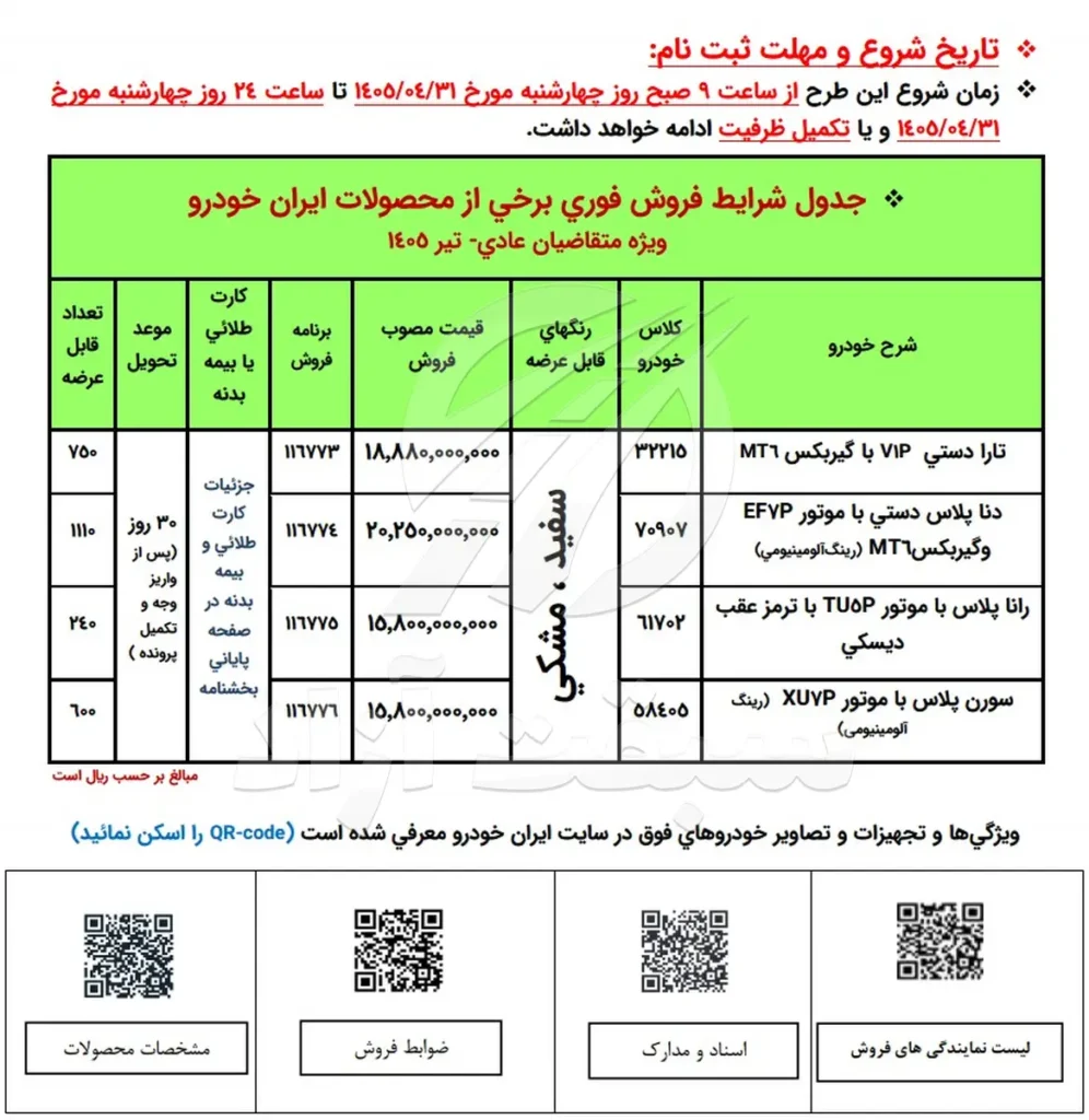 فروش فوری محصولات ایران خودرو بدون قرعه کشی تیر 1405