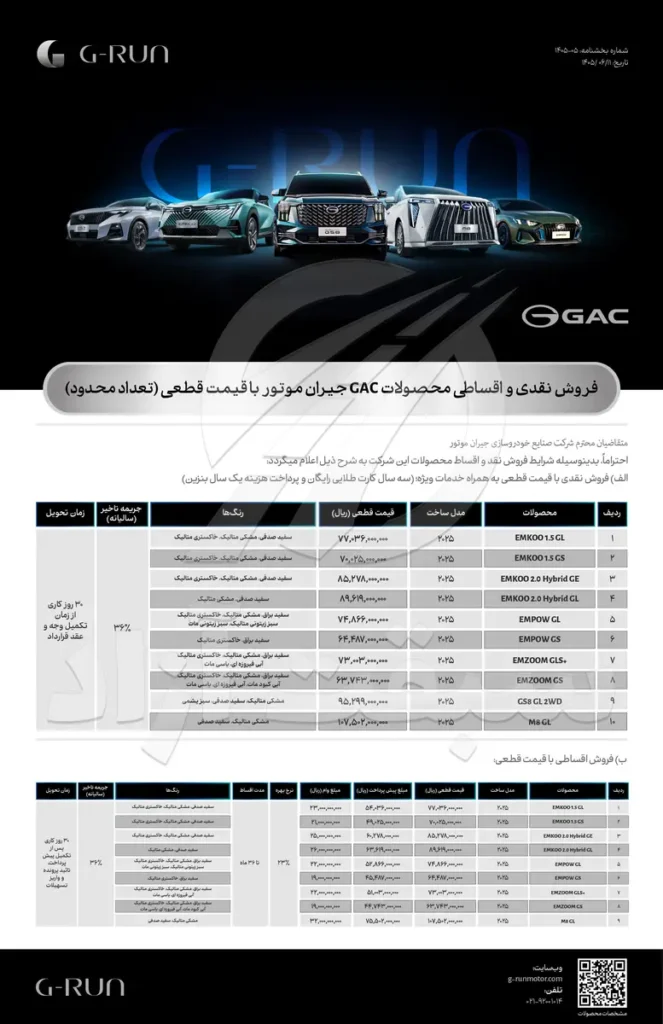 فروش نقد و اقساط محصولات GAC جیران موتور با تحویل 30 روزه