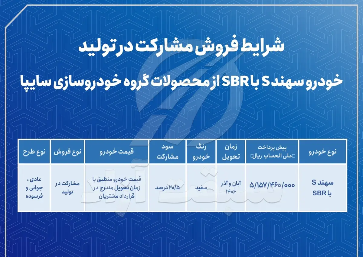 شرایط فروش مشارکت در تولید سهند S مهر 1405