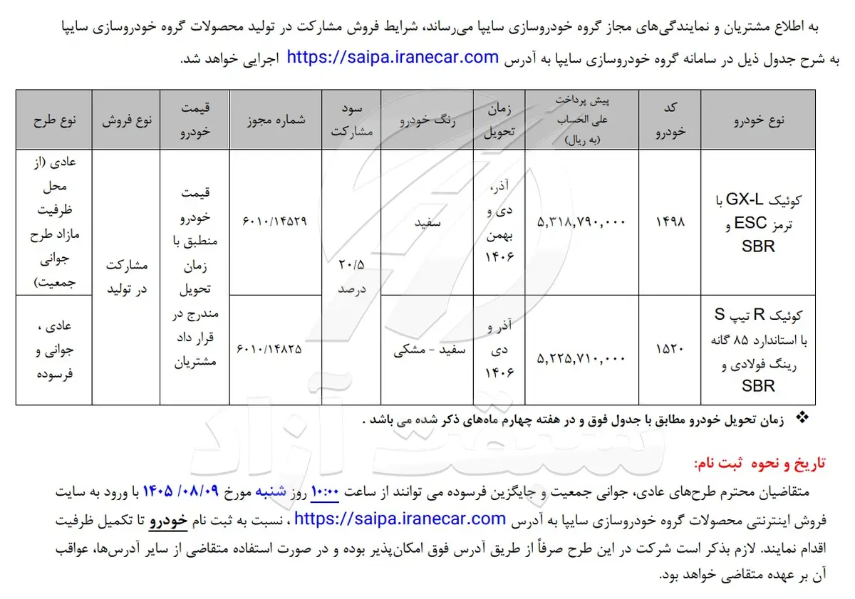 اعلام شرایط فروش مشارکت در تولید کوییک R و کوییک GX-L سال 1405